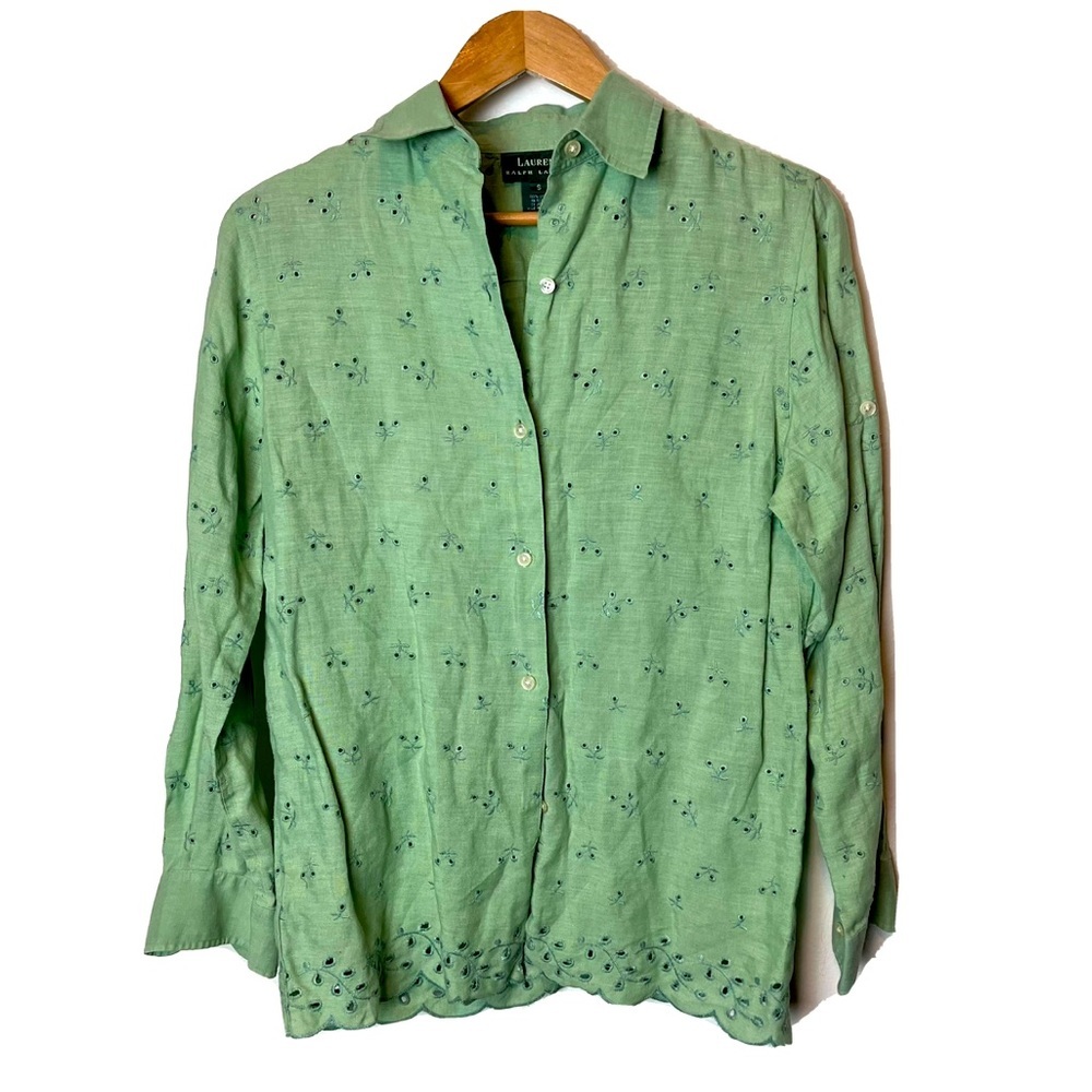 Ralph Lauren Linen Green Eyelet Roll Tab Long Sleeve Blouse Button Front Small